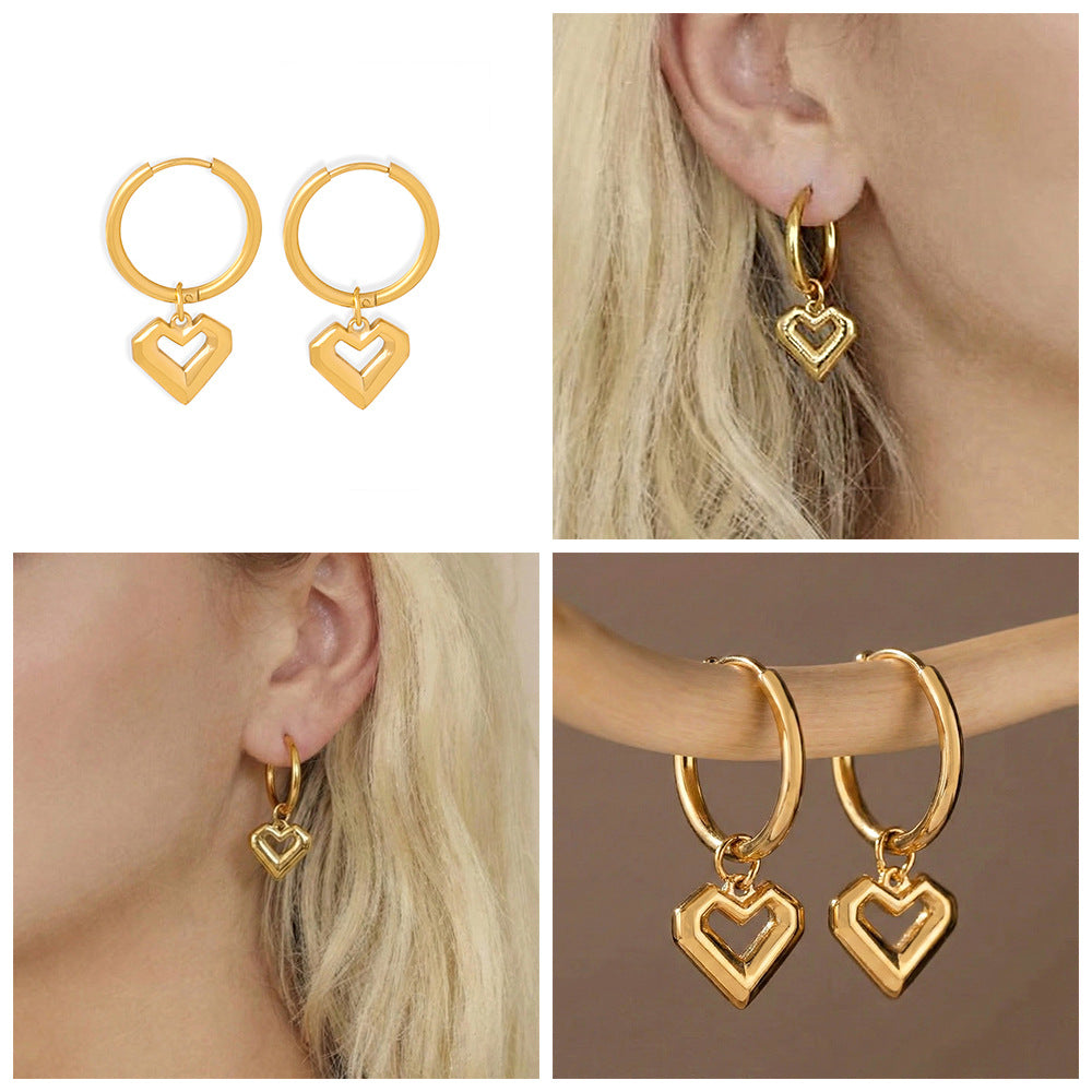 2026 New Wholesale 18k Gold Plated Heart Pendant Earrings Stainless Steel  Fashion Women Gift Box Packaging