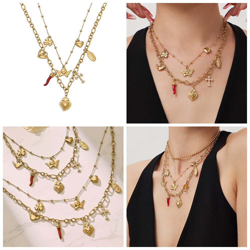 2026 Fashion Stainless Steel Angel Pendant Necklace DIY Adjustable Layered Choker Gift for Women Girls