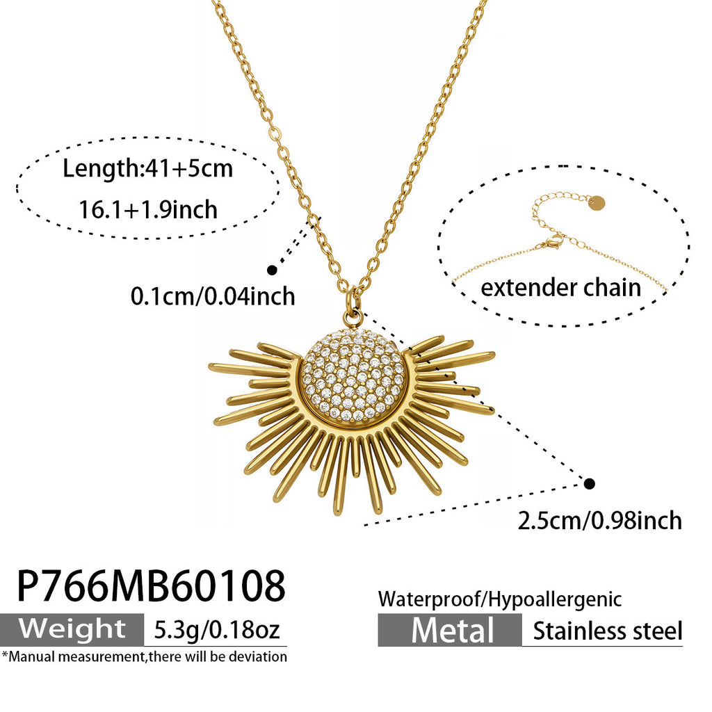 Fashion PVD Gold Plated Sun Necklace for Women Elegant Zirconia Stainless Steel Chain Minimalist Daily Wear Jewelry Gift