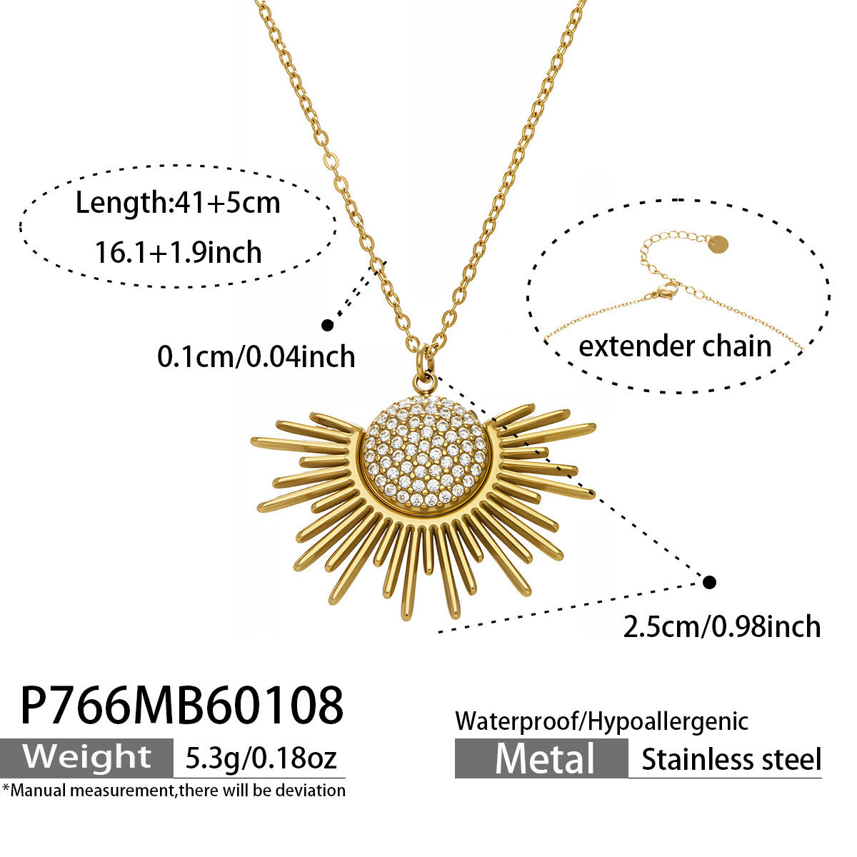 Fashion PVD Gold Plated Sun Necklace for Women Elegant Zirconia Stainless Steel Chain Minimalist Daily Wear Jewelry Gift