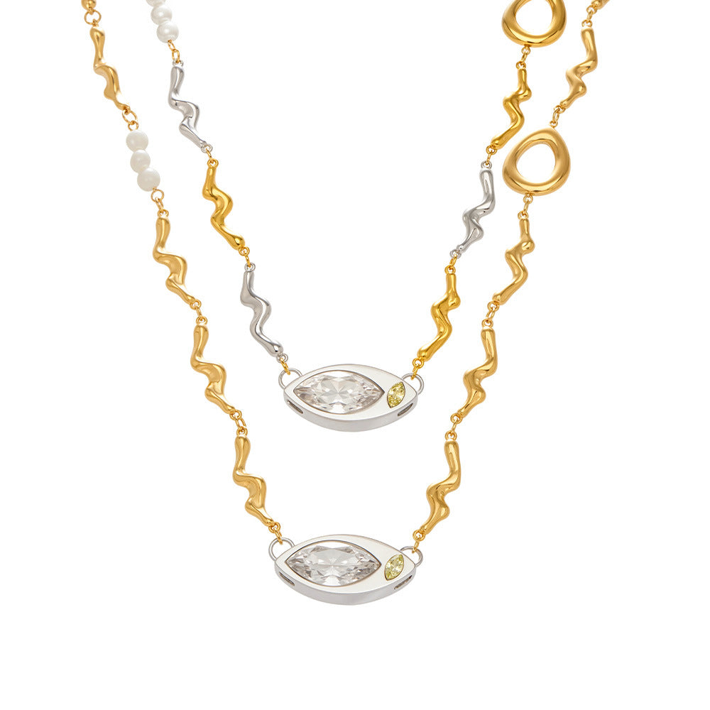 2026 New Design Marquise Zircon Pearl Necklace Textured Stainless Steel Chain Women's Elegant Collarbone Jewelry Wholesale