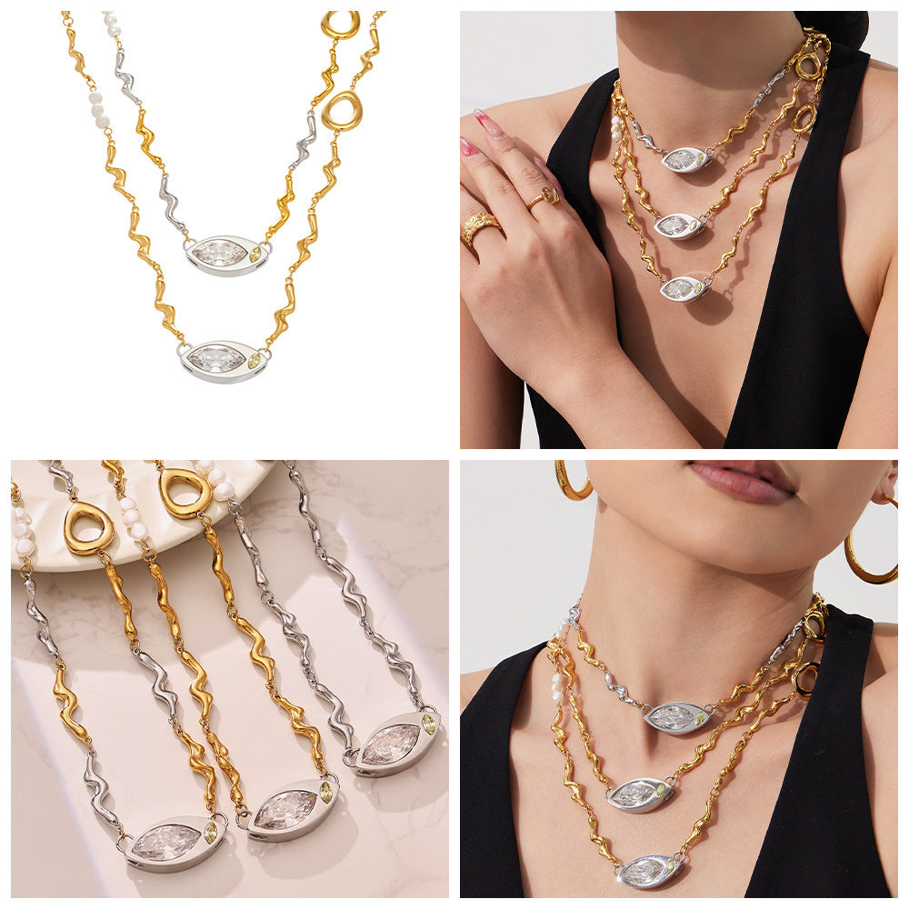 2026 New Design Marquise Zircon Pearl Necklace Textured Stainless Steel Chain Women's Elegant Collarbone Jewelry Wholesale