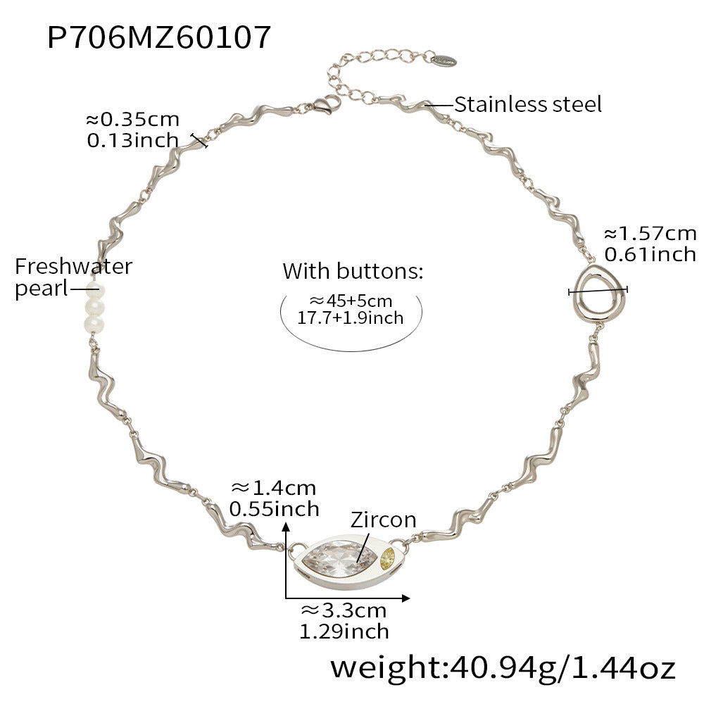 2026 New Design Marquise Zircon Pearl Necklace Textured Stainless Steel Chain Women's Elegant Collarbone Jewelry Wholesale