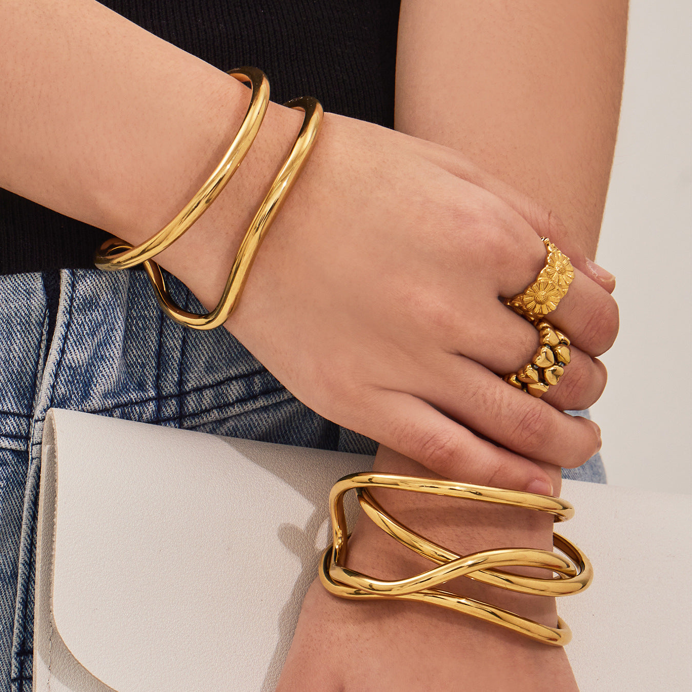 Mystery Cross-border Simple Irregular Line C-shaped Open Stainless Steel Bracelet Plated 18k Real Gold Niche Personality Gone