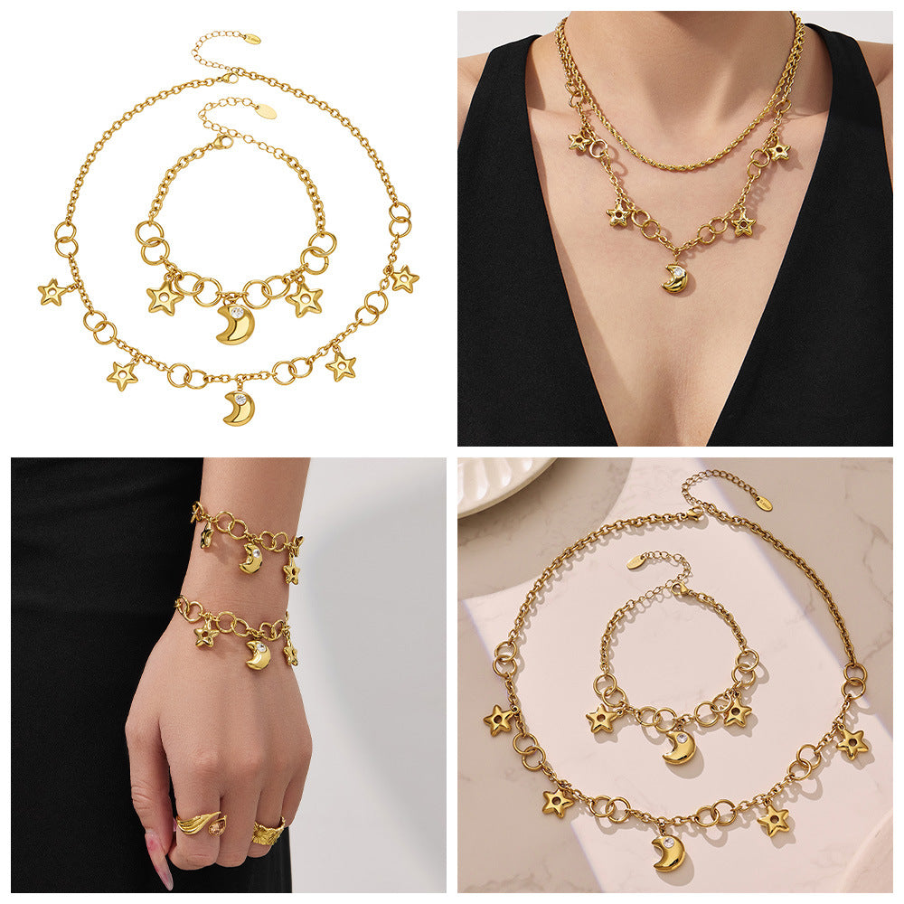 Star Moon Jewelry Set Zodiac Necklace and Bracelet 5A Cubic Zirconia in Stainless Steel Luxury Fashion Set