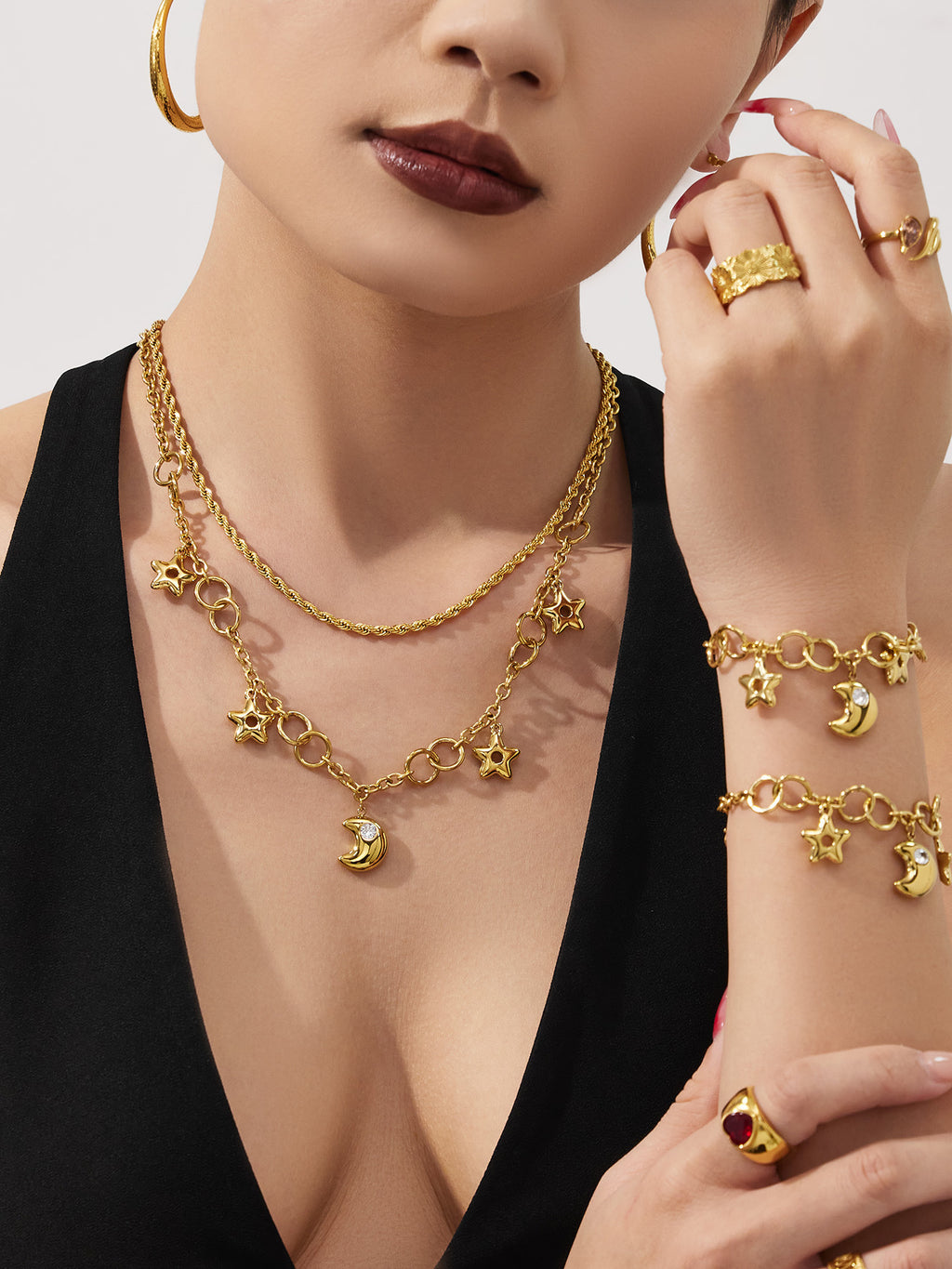 Star Moon Jewelry Set Zodiac Necklace and Bracelet 5A Cubic Zirconia in Stainless Steel Luxury Fashion Set