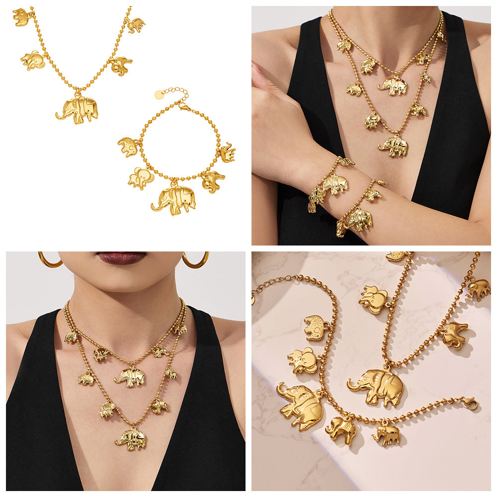 Fashion Elephant Pendant Necklace  Bracelet Stainless Steel Bead Chain Set