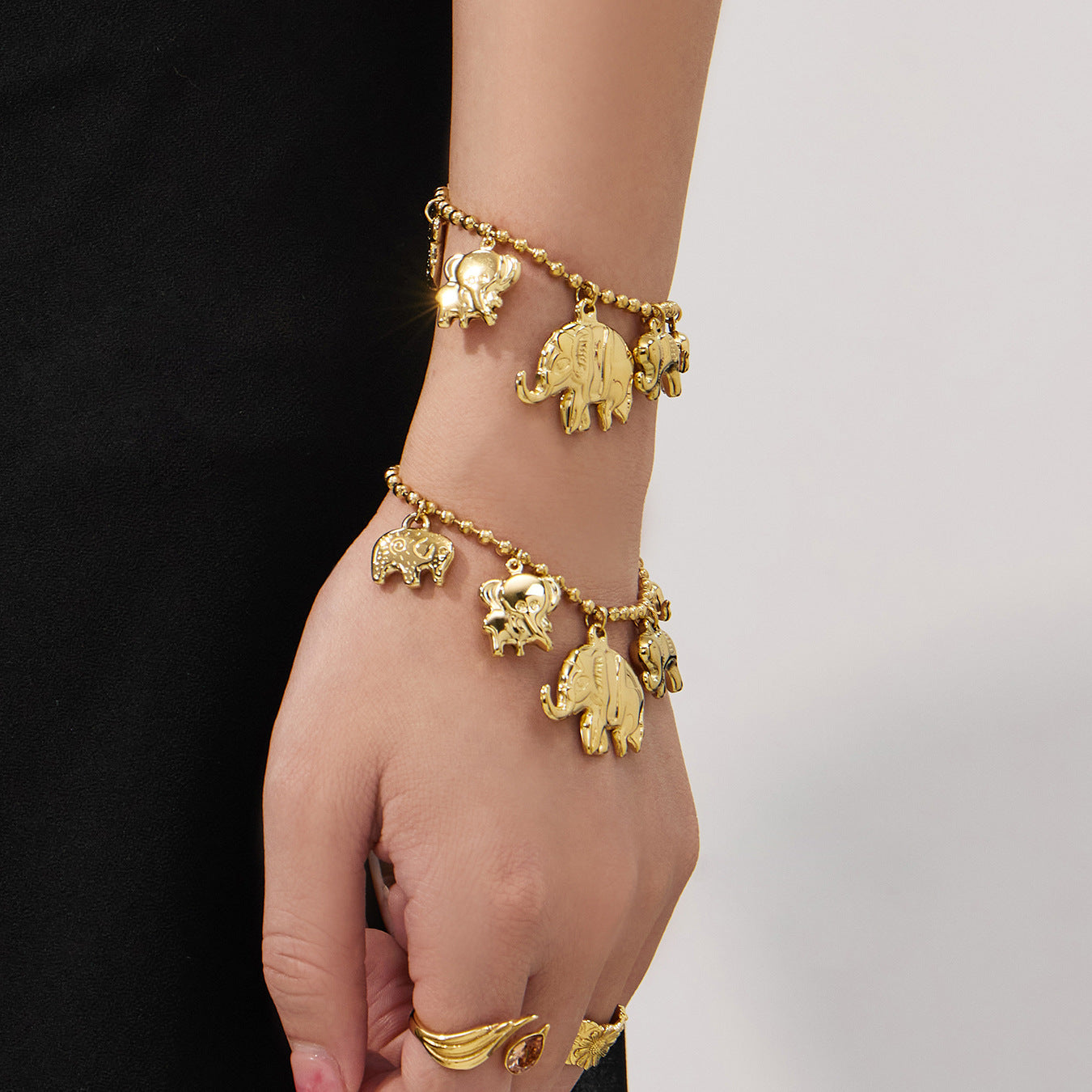Fashion Elephant Pendant Necklace  Bracelet Stainless Steel Bead Chain Set