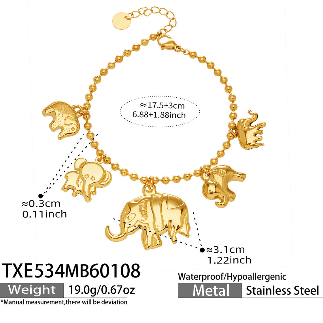 Fashion Elephant Pendant Necklace  Bracelet Stainless Steel Bead Chain Set