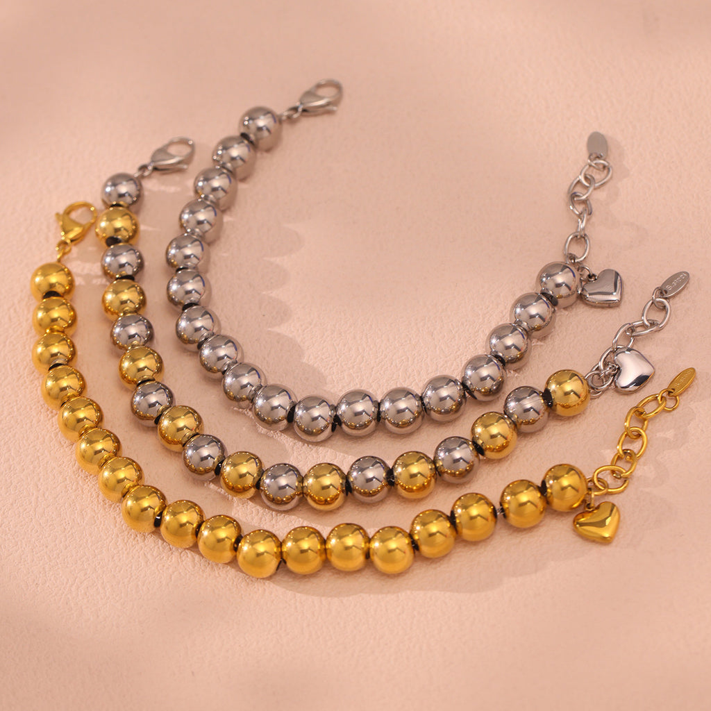 Wholesale 18K True Gold Plated Stainless Steel Heart Charm Bracelets Trendy Round Ball Beads for Religious Occasions or Parties