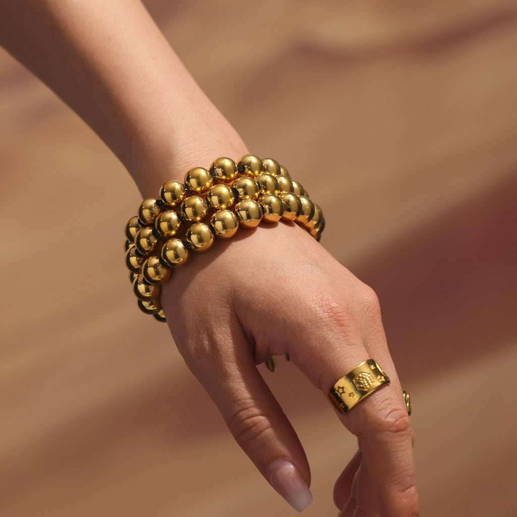 Wholesale 18K True Gold Plated Stainless Steel Heart Charm Bracelets Trendy Round Ball Beads for Religious Occasions or Parties