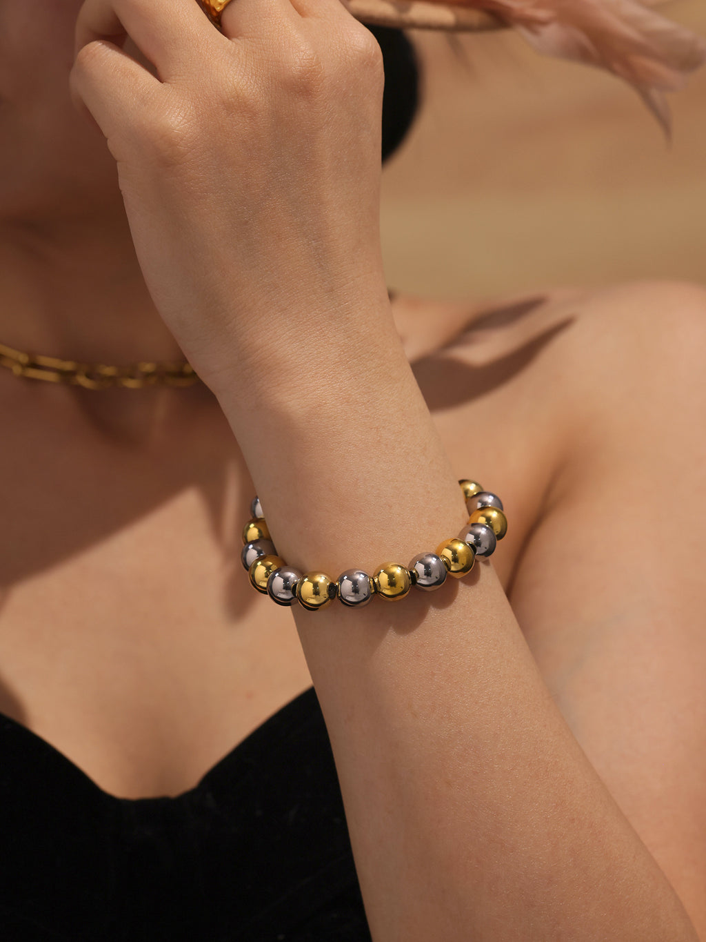 Wholesale 18K True Gold Plated Stainless Steel Heart Charm Bracelets Trendy Round Ball Beads for Religious Occasions or Parties