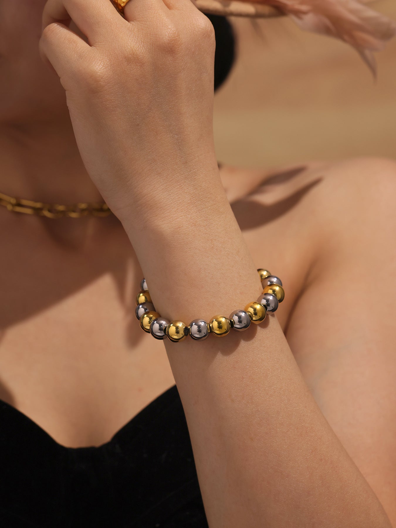 Wholesale 18K True Gold Plated Stainless Steel Heart Charm Bracelets Trendy Round Ball Beads for Religious Occasions or Parties