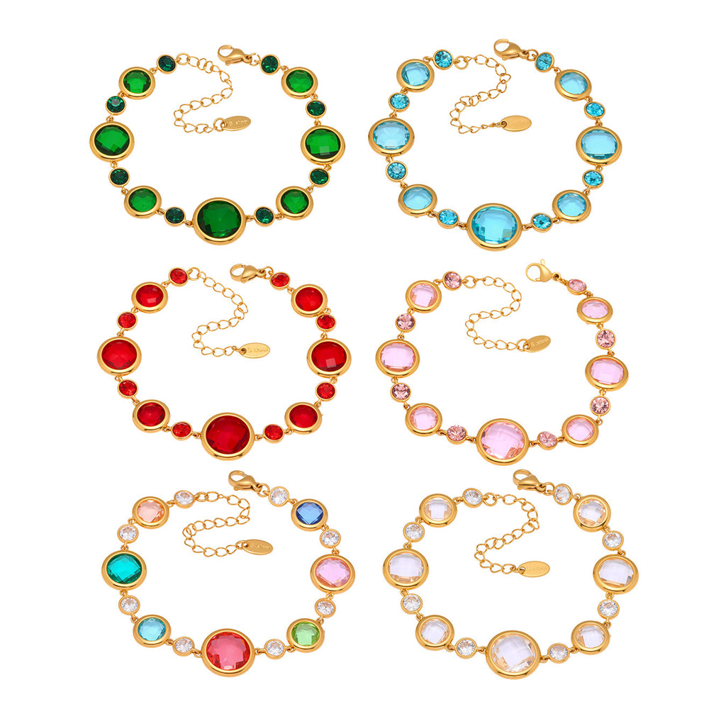 High Quality 18K Gold Plated Stainless Steel Women's Chain Link Bracelet with Colorful Glass Stones Crown Pattern Perfect Gift