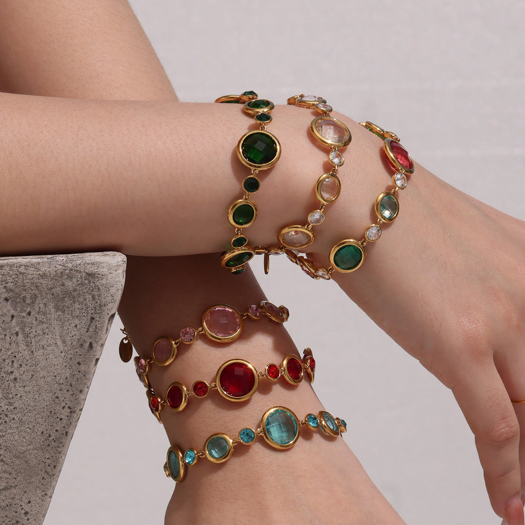 High Quality 18K Gold Plated Stainless Steel Women's Chain Link Bracelet with Colorful Glass Stones Crown Pattern Perfect Gift