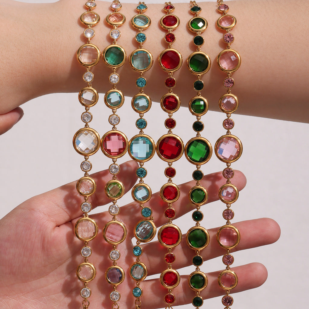 High Quality 18K Gold Plated Stainless Steel Women's Chain Link Bracelet with Colorful Glass Stones Crown Pattern Perfect Gift