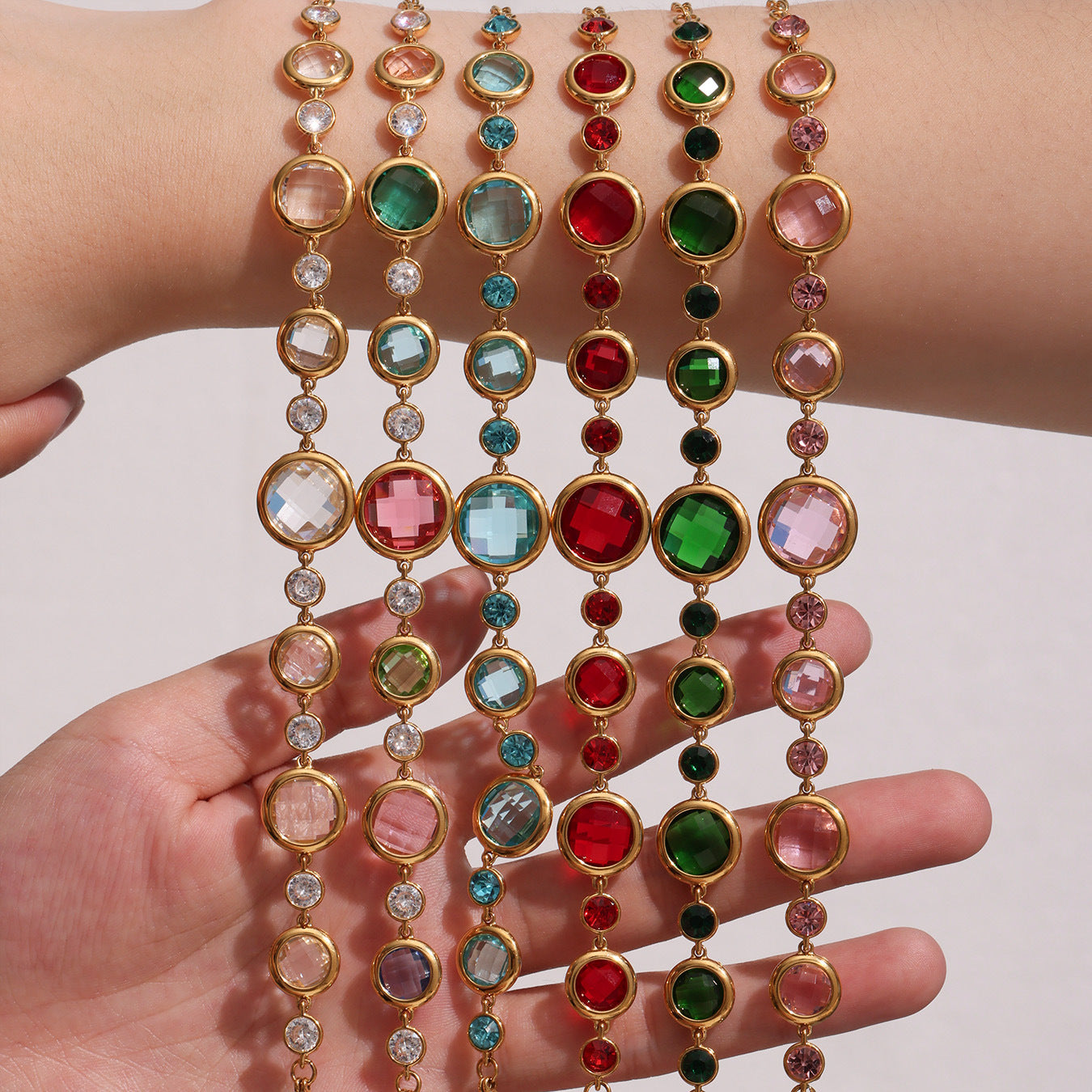 High Quality 18K Gold Plated Stainless Steel Women's Chain Link Bracelet with Colorful Glass Stones Crown Pattern Perfect Gift