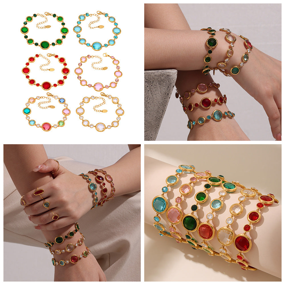 High Quality 18K Gold Plated Stainless Steel Women's Chain Link Bracelet with Colorful Glass Stones Crown Pattern Perfect Gift
