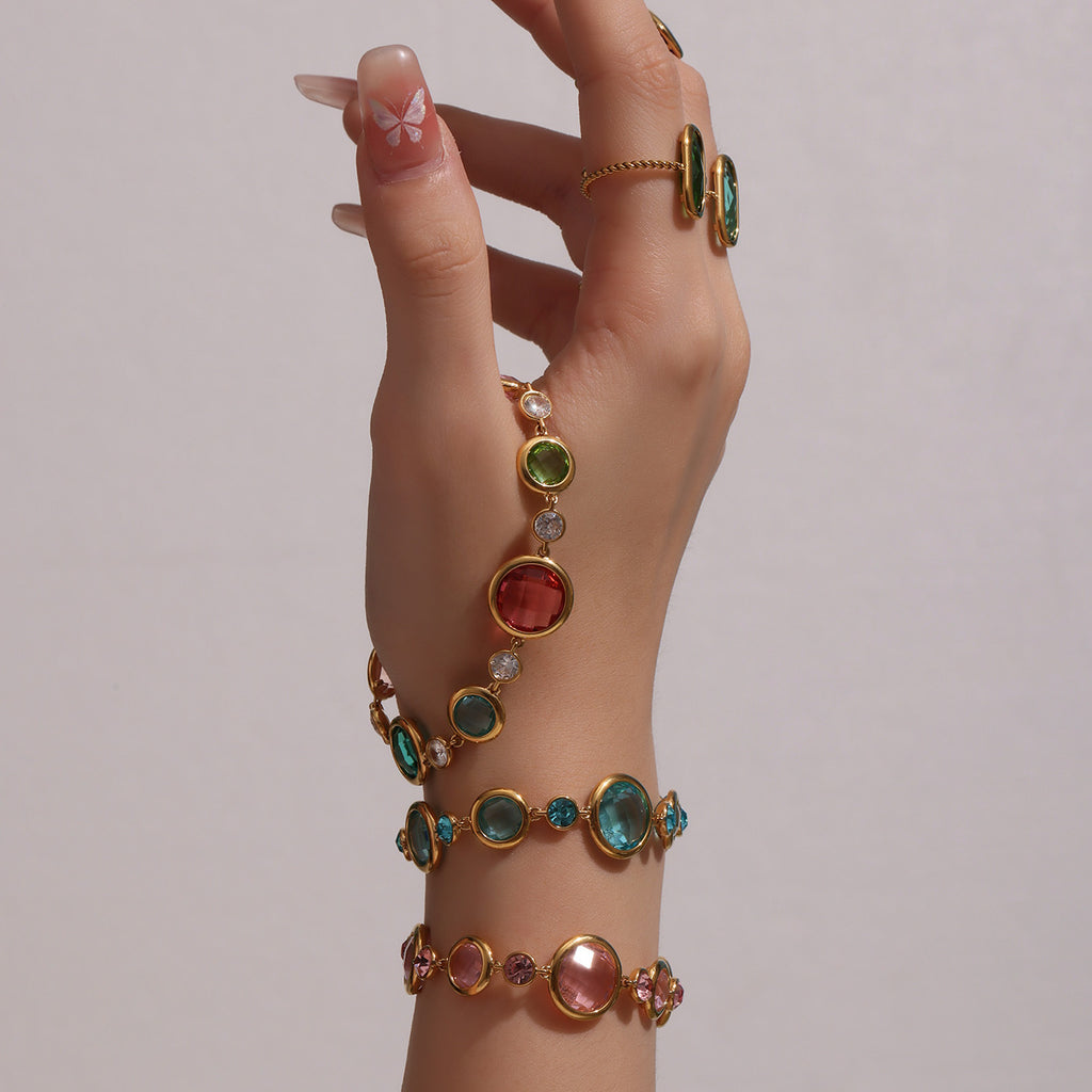 High Quality 18K Gold Plated Stainless Steel Women's Chain Link Bracelet with Colorful Glass Stones Crown Pattern Perfect Gift