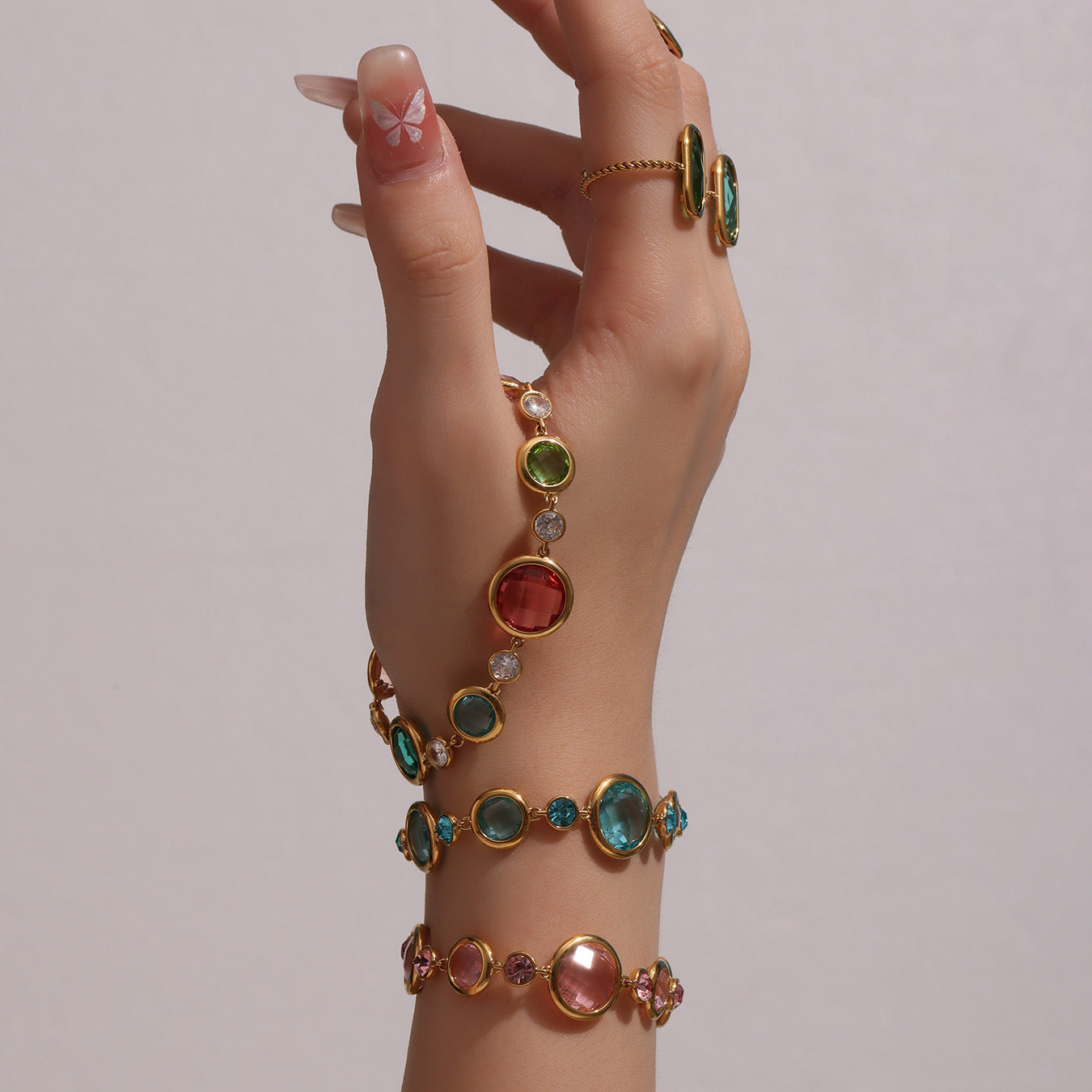 High Quality 18K Gold Plated Stainless Steel Women's Chain Link Bracelet with Colorful Glass Stones Crown Pattern Perfect Gift