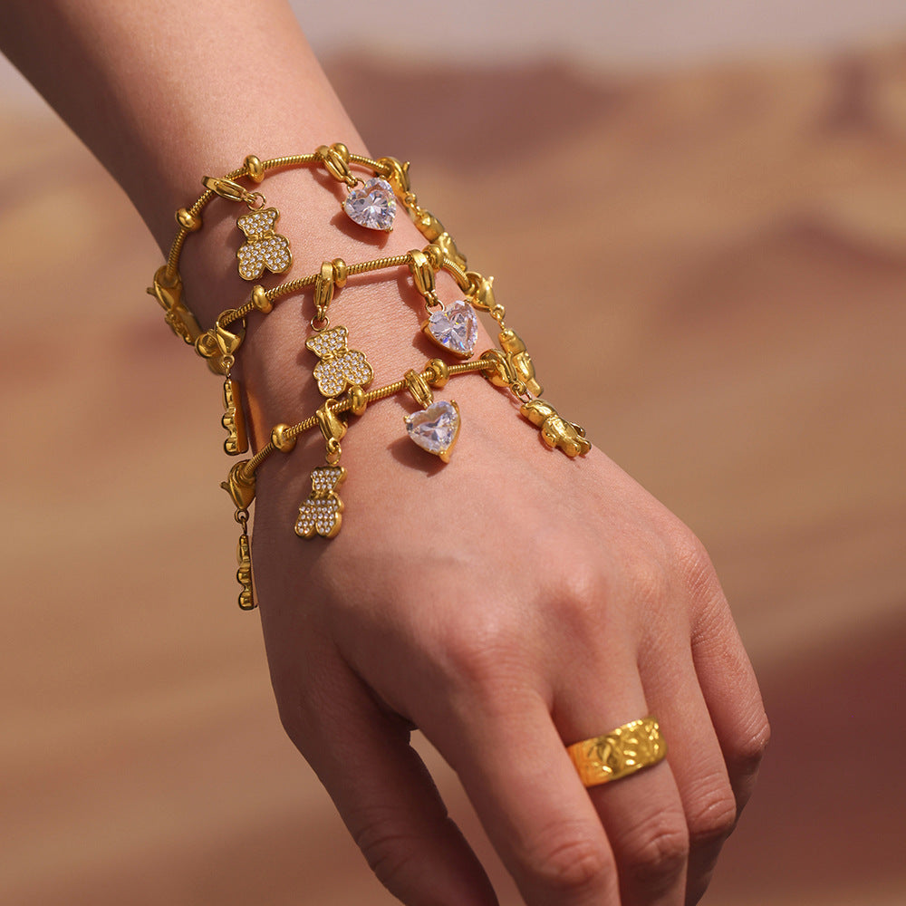 Trendy Gold-Plated True Gold Stainless Steel Charm Bracelet Cute Style with Heart Bear Zircon Valentine's Day Party Gift