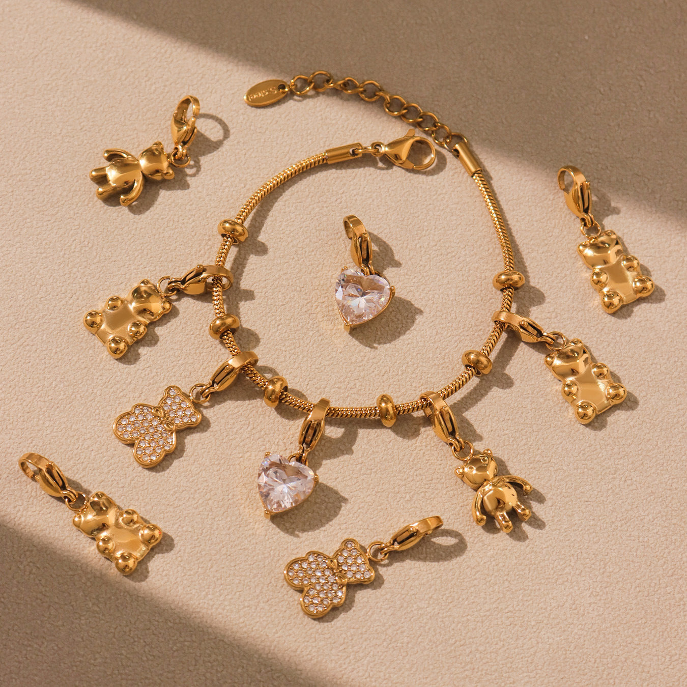 Trendy Gold-Plated True Gold Stainless Steel Charm Bracelet Cute Style with Heart Bear Zircon Valentine's Day Party Gift