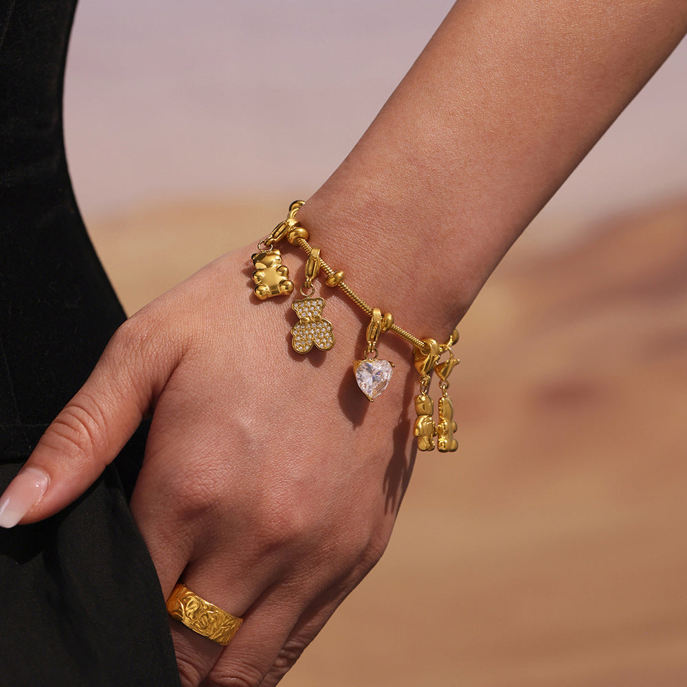 Trendy Gold-Plated True Gold Stainless Steel Charm Bracelet Cute Style with Heart Bear Zircon Valentine's Day Party Gift