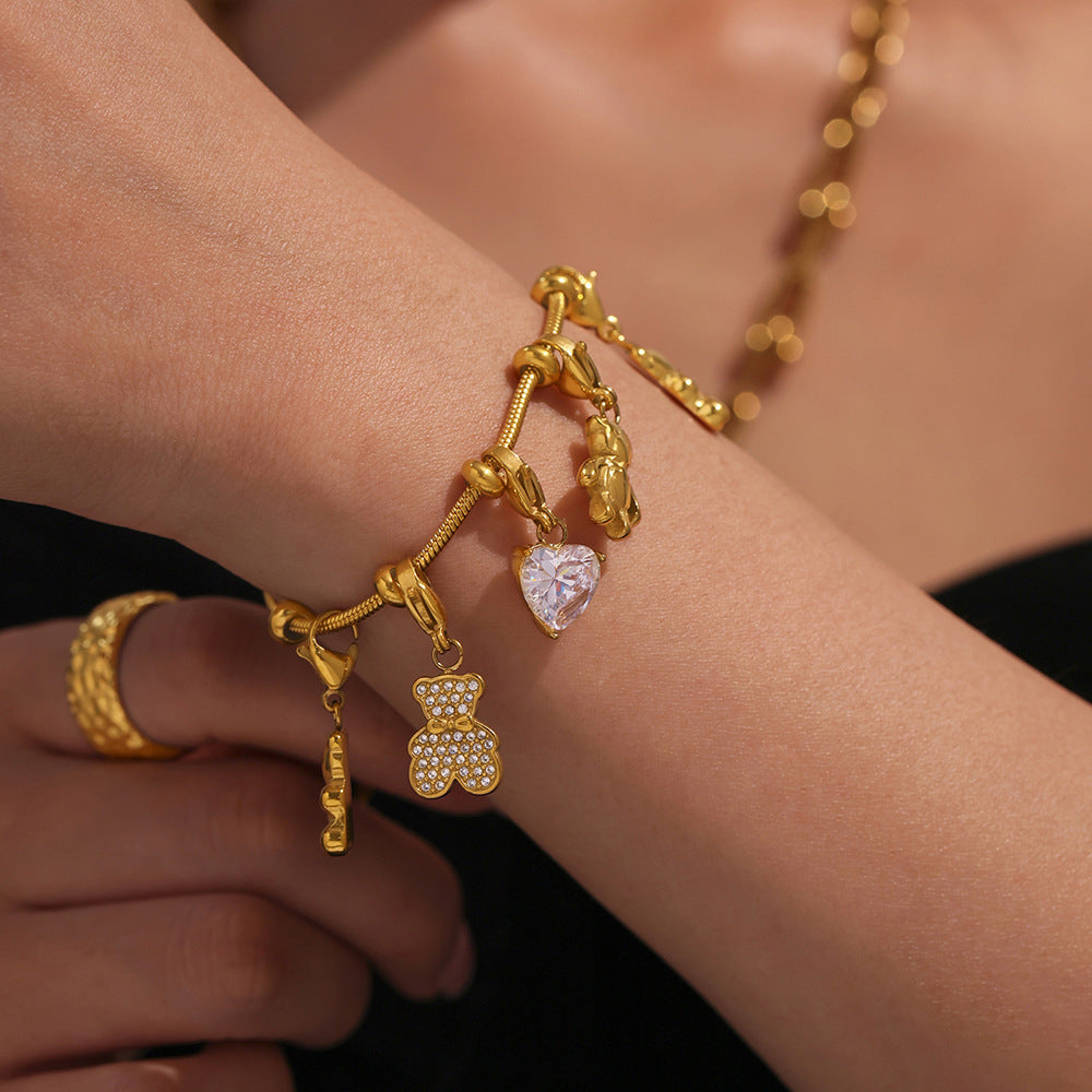 Trendy Gold-Plated True Gold Stainless Steel Charm Bracelet Cute Style with Heart Bear Zircon Valentine's Day Party Gift