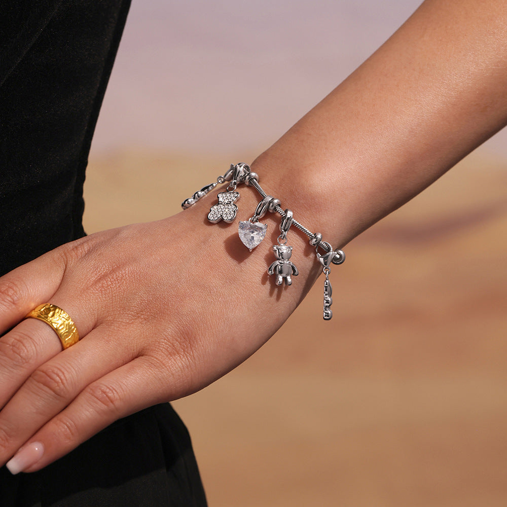 Trendy Gold-Plated True Gold Stainless Steel Charm Bracelet Cute Style with Heart Bear Zircon Valentine's Day Party Gift