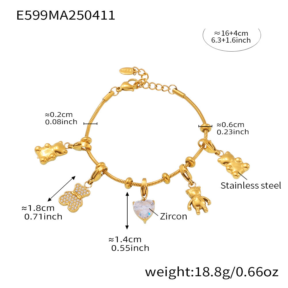 Trendy Gold-Plated True Gold Stainless Steel Charm Bracelet Cute Style with Heart Bear Zircon Valentine's Day Party Gift