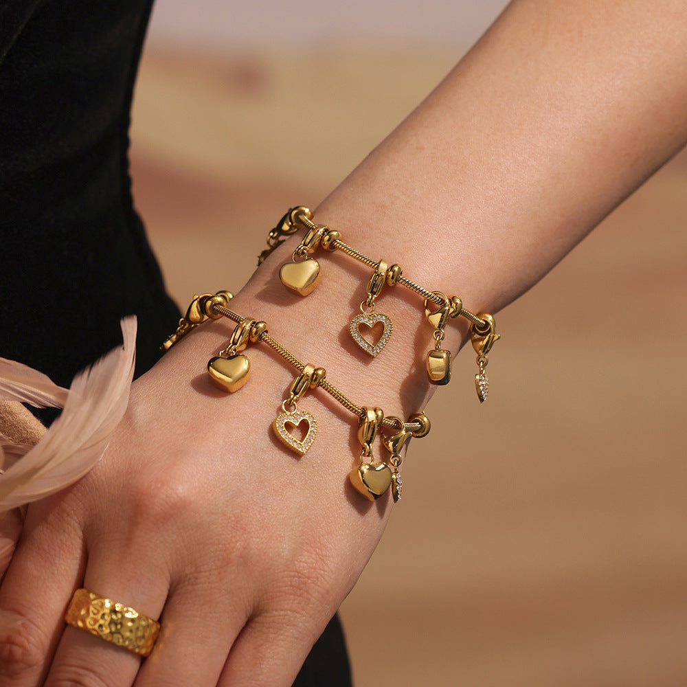 18K True Gold Plated Stainless Steel Chain Heart Charms Bracelet Trendy Fashion Jewelry for Parties Best Valentine's Day Gift