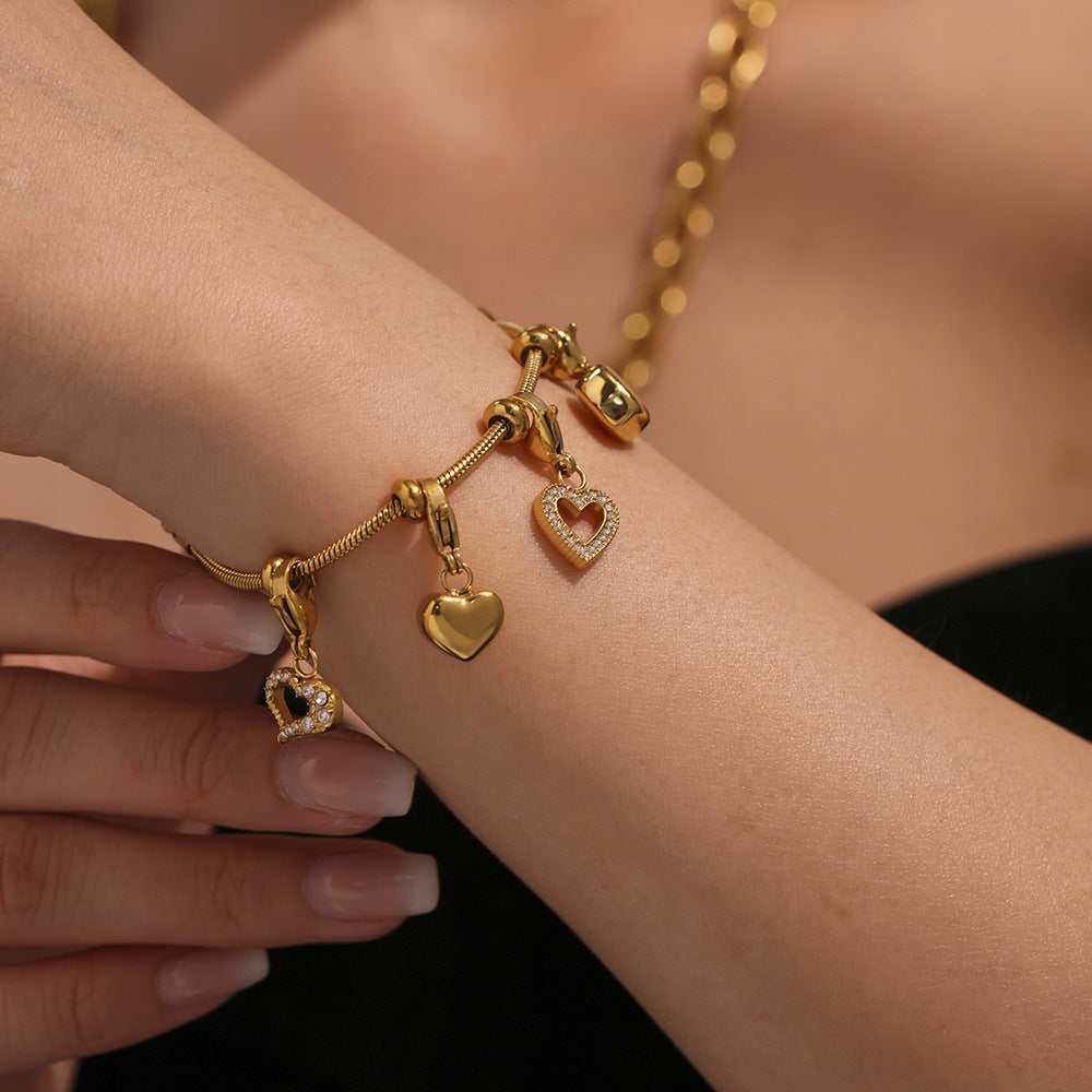 18K True Gold Plated Stainless Steel Chain Heart Charms Bracelet Trendy Fashion Jewelry for Parties Best Valentine's Day Gift