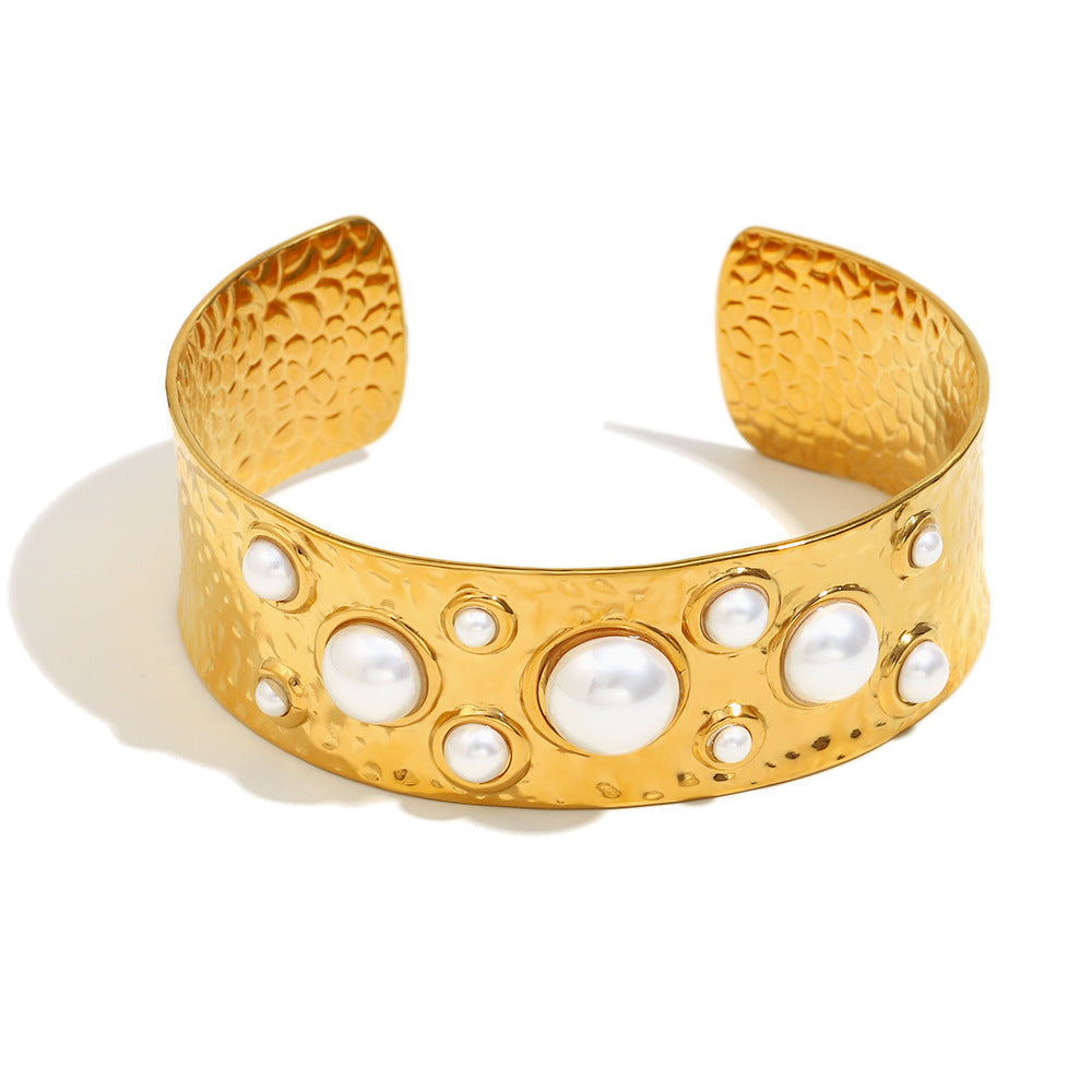 Chunky Open Bangle with Many Pearls Design Gold Plated Stainless Steel Fashion Cuff Bracelet for Girls