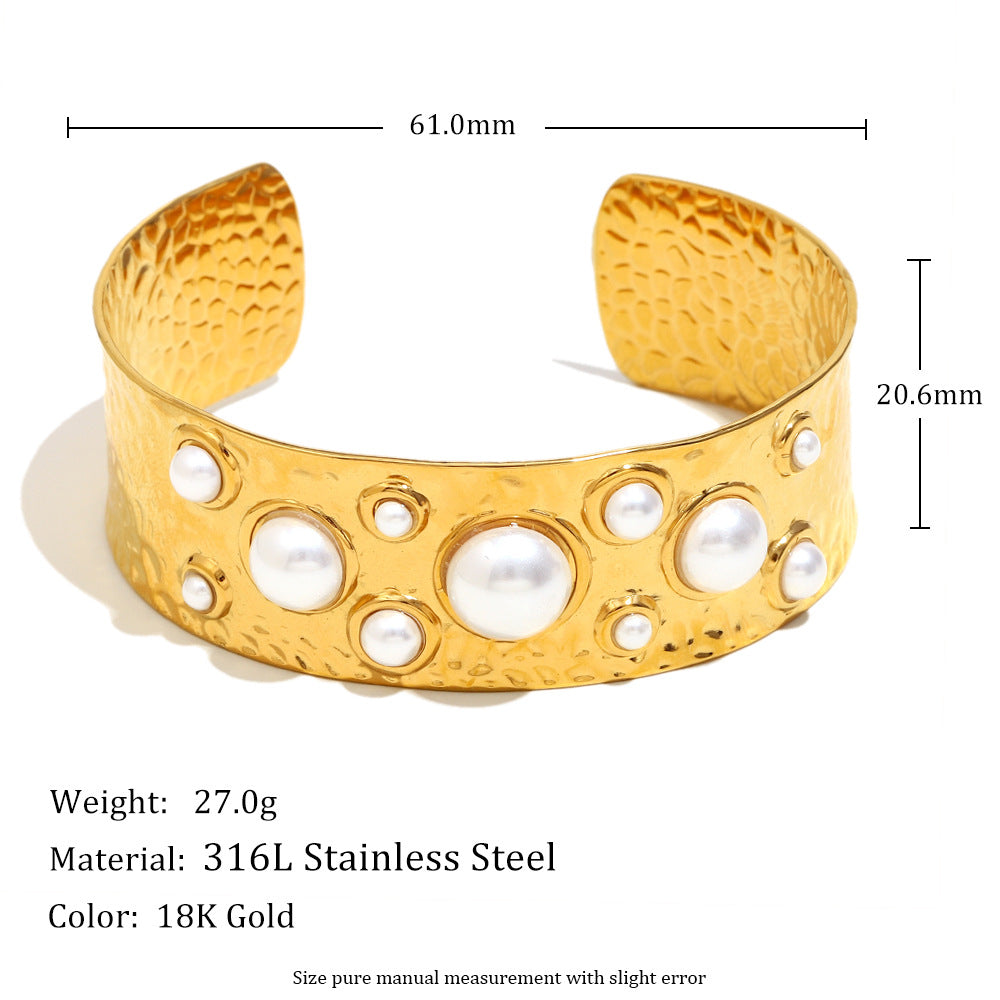 Chunky Open Bangle with Many Pearls Design Gold Plated Stainless Steel Fashion Cuff Bracelet for Girls
