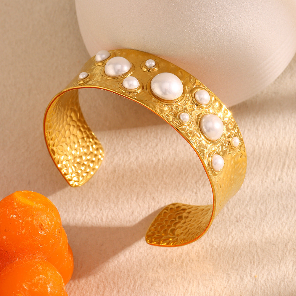 Chunky Open Bangle with Many Pearls Design Gold Plated Stainless Steel Fashion Cuff Bracelet for Girls