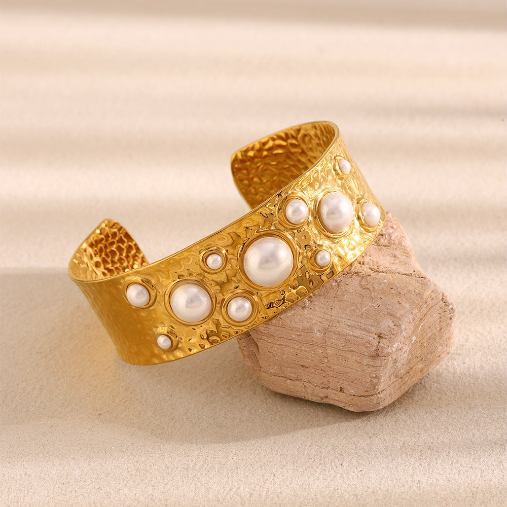 Chunky Open Bangle with Many Pearls Design Gold Plated Stainless Steel Fashion Cuff Bracelet for Girls
