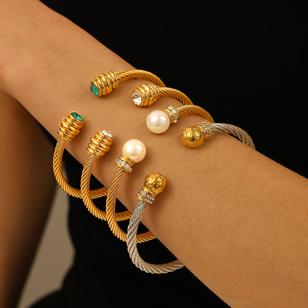 Designer Jewelry Stainless Steel Gold Plated Cuff Bracelet Fashion Jewelry Bangles with Zircons Pearl Wholesale Jewelry Low MOQ
