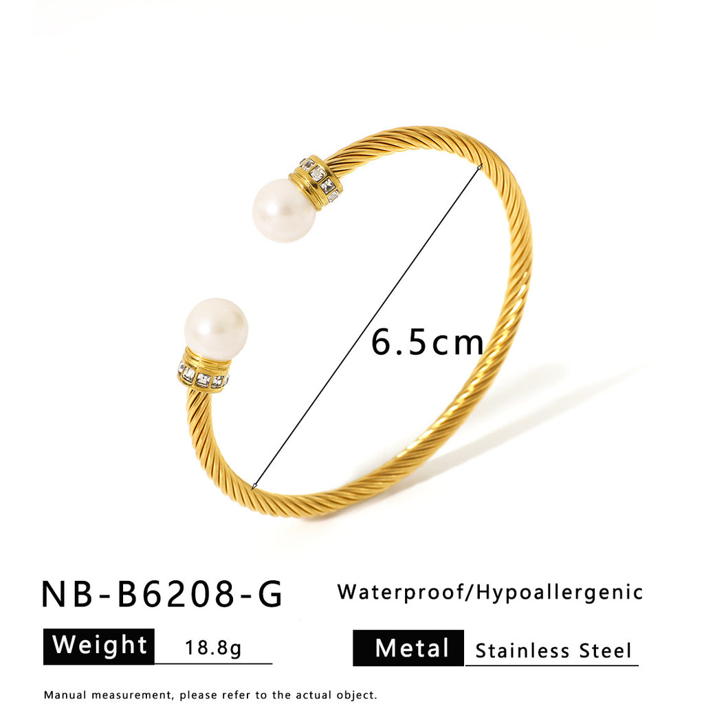 Designer Jewelry Stainless Steel Gold Plated Cuff Bracelet Fashion Jewelry Bangles with Zircons Pearl Wholesale Jewelry Low MOQ