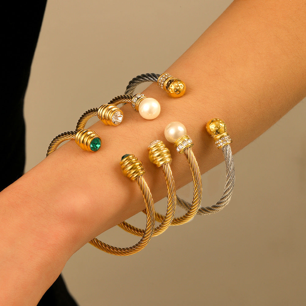 Designer Jewelry Stainless Steel Gold Plated Cuff Bracelet Fashion Jewelry Bangles with Zircons Pearl Wholesale Jewelry Low MOQ