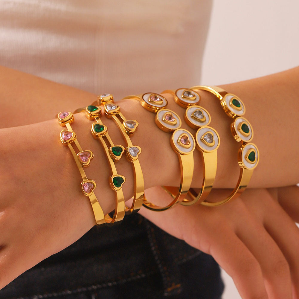 Women's Stainless Steel Heart Bangles with 18K Gold Plating Fashion Jewelry with Full Zircon Stone Bracelet