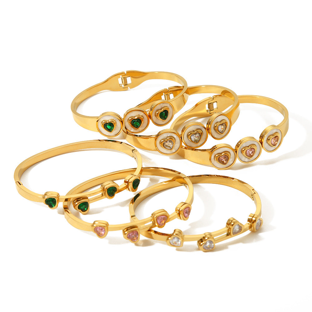 Women's Stainless Steel Heart Bangles with 18K Gold Plating Fashion Jewelry with Full Zircon Stone Bracelet