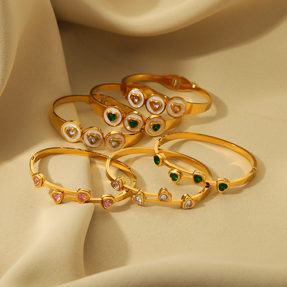Women's Stainless Steel Heart Bangles with 18K Gold Plating Fashion Jewelry with Full Zircon Stone Bracelet