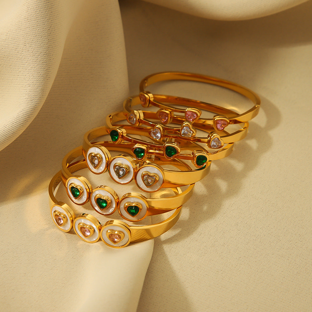 Women's Stainless Steel Heart Bangles with 18K Gold Plating Fashion Jewelry with Full Zircon Stone Bracelet