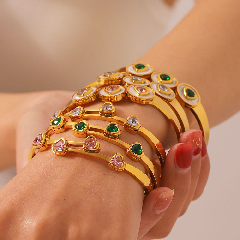 Women's Stainless Steel Heart Bangles with 18K Gold Plating Fashion Jewelry with Full Zircon Stone Bracelet