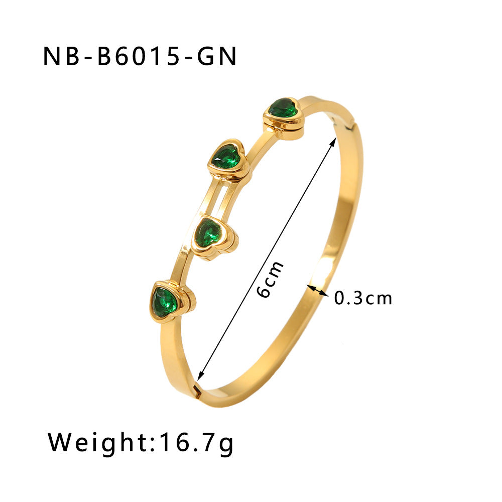 Women's Stainless Steel Heart Bangles with 18K Gold Plating Fashion Jewelry with Full Zircon Stone Bracelet