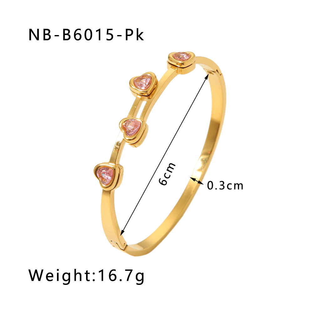 Women's Stainless Steel Heart Bangles with 18K Gold Plating Fashion Jewelry with Full Zircon Stone Bracelet