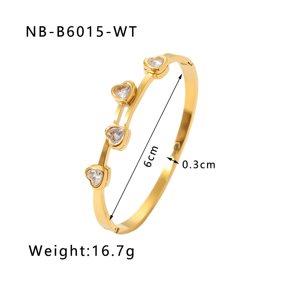Women's Stainless Steel Heart Bangles with 18K Gold Plating Fashion Jewelry with Full Zircon Stone Bracelet