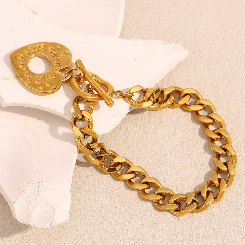 18K True Gold Plated Stainless Steel OT Buckle Chain Bracelet Trendy Fashion Jewelry 'Keep Me Your Heart' Engraved Valentine's