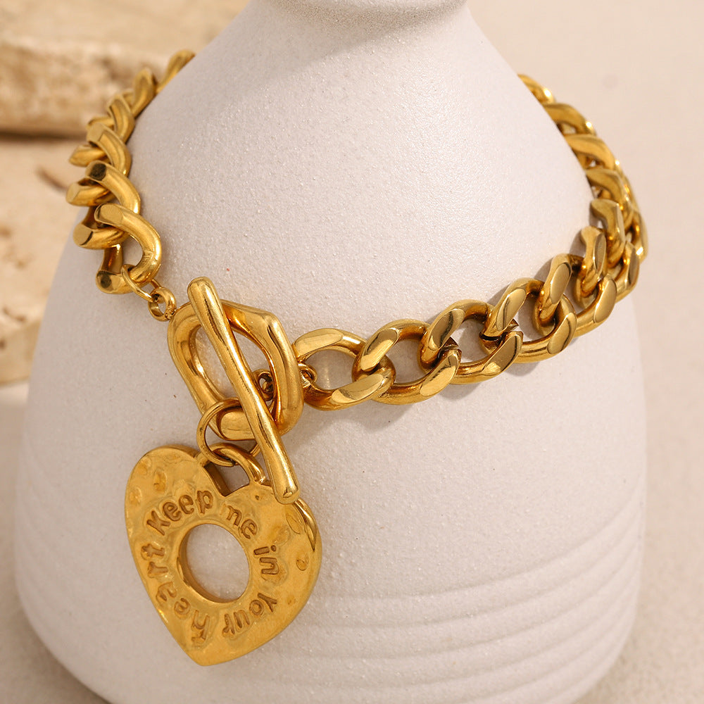 18K True Gold Plated Stainless Steel OT Buckle Chain Bracelet Trendy Fashion Jewelry 'Keep Me Your Heart' Engraved Valentine's