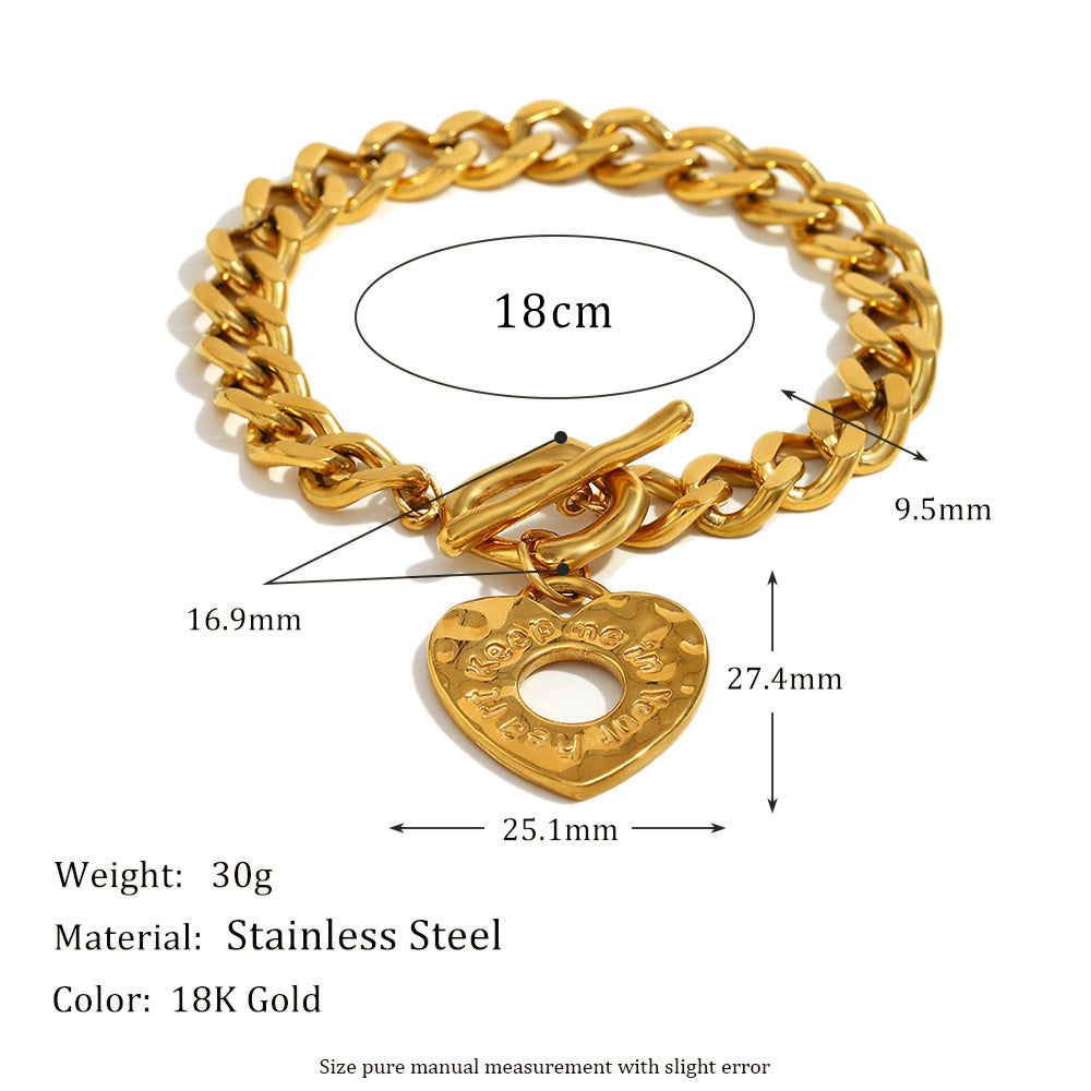 18K True Gold Plated Stainless Steel OT Buckle Chain Bracelet Trendy Fashion Jewelry 'Keep Me Your Heart' Engraved Valentine's